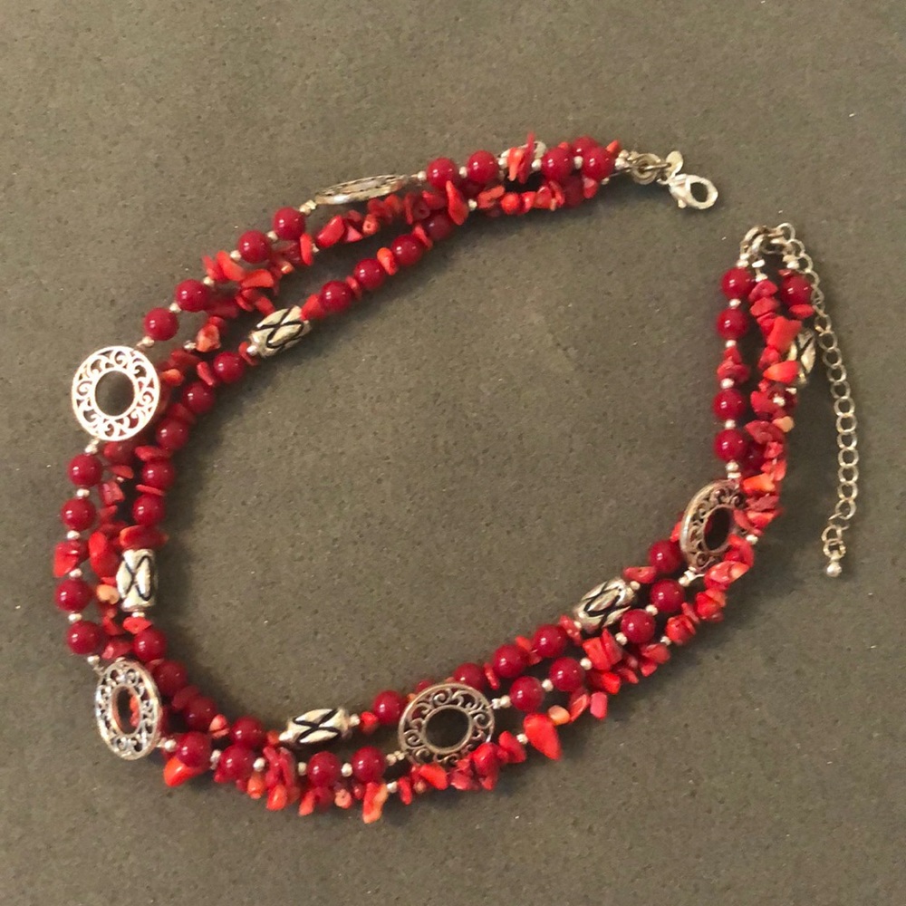 Premier Designs Firecracker Necklace - Red & Silver Three Strand Necklace